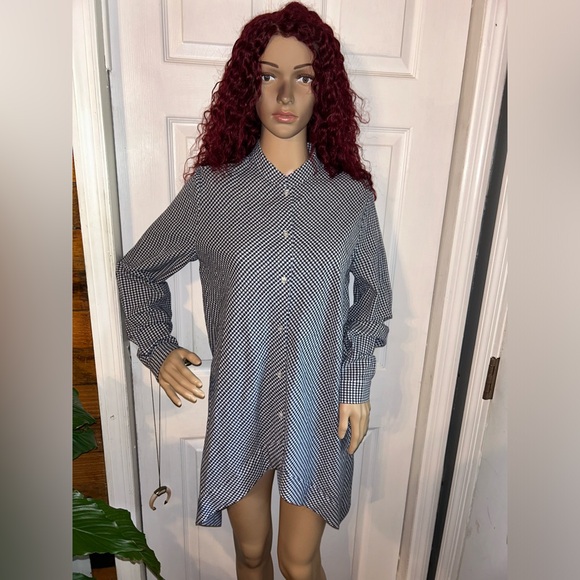 Anne Klein Button Front Blouse Tunic Top Gingham Navy Blue - Picture 1 of 5